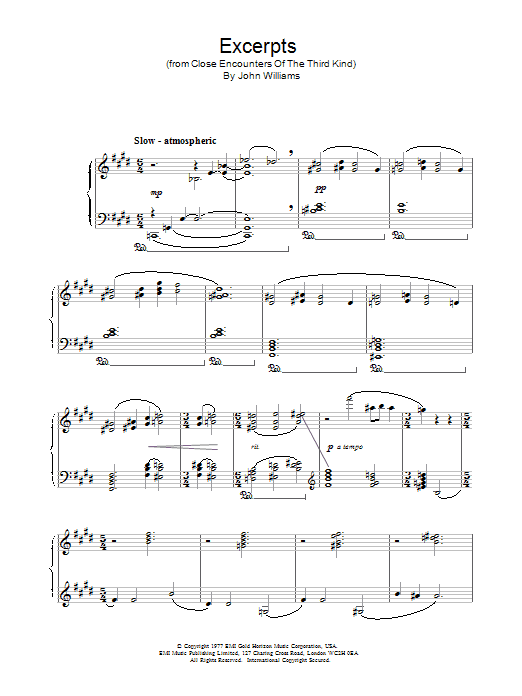 John Williams Excerpts from Close Encounters Of The Third Kind sheet music notes and chords arranged for Piano Solo