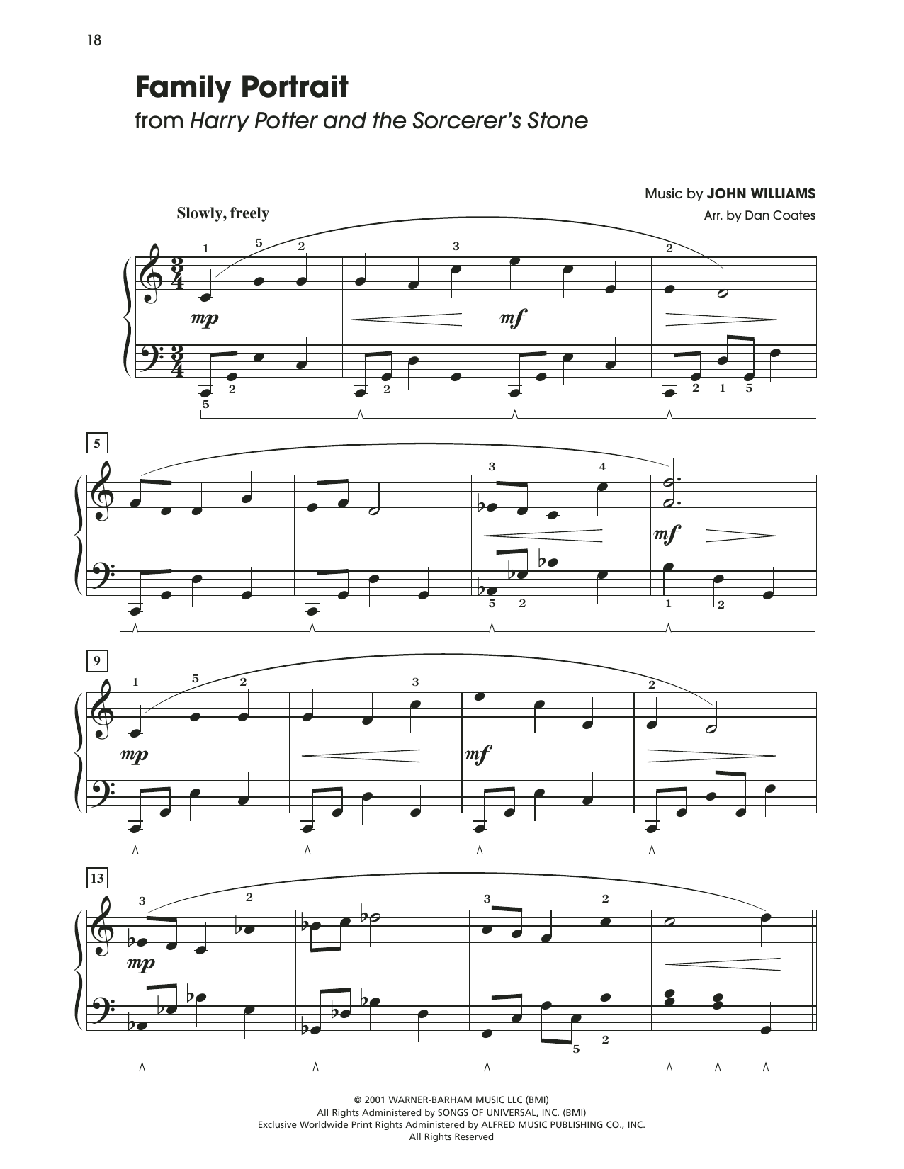 John Williams Family Portrait (from Harry Potter) (arr. Dan Coates) sheet music notes and chords arranged for Easy Piano