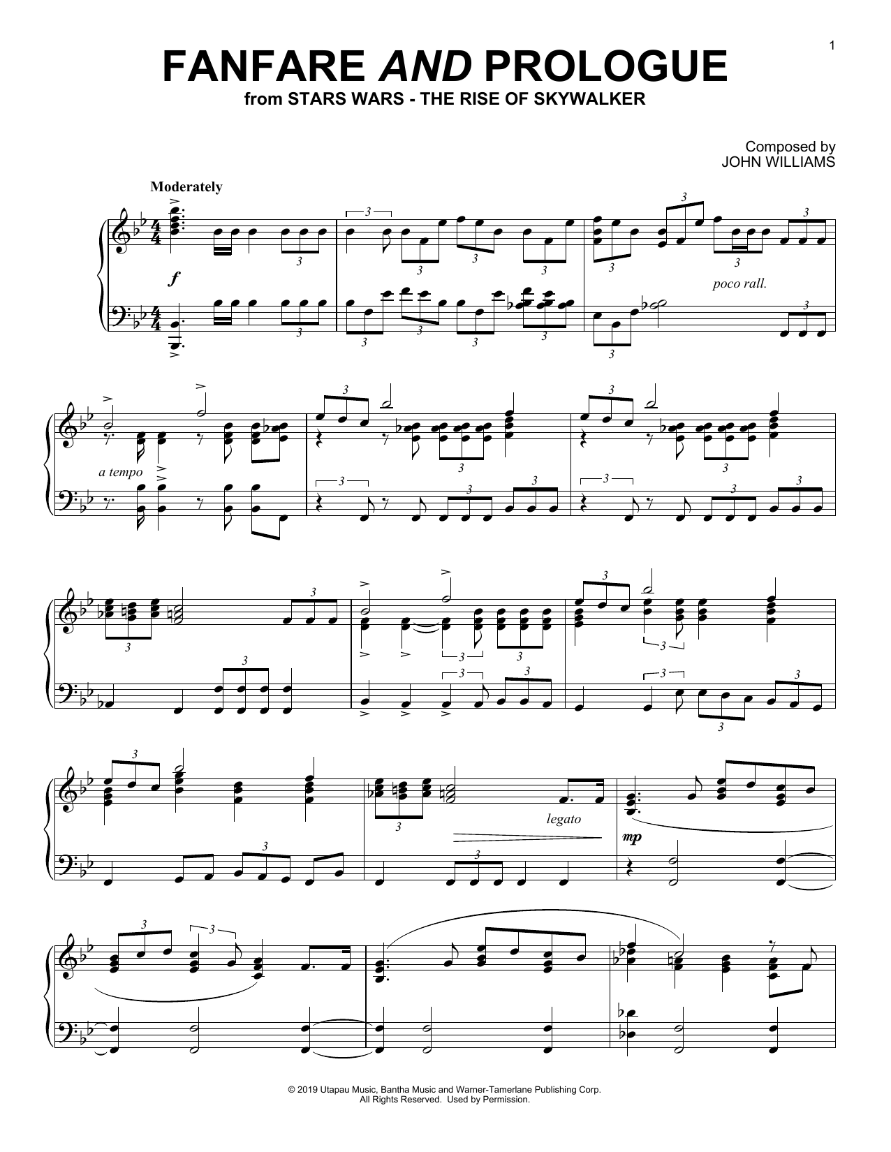 John Williams Fanfare And Prologue (from The Rise Of Skywalker) sheet music notes and chords arranged for Piano Solo