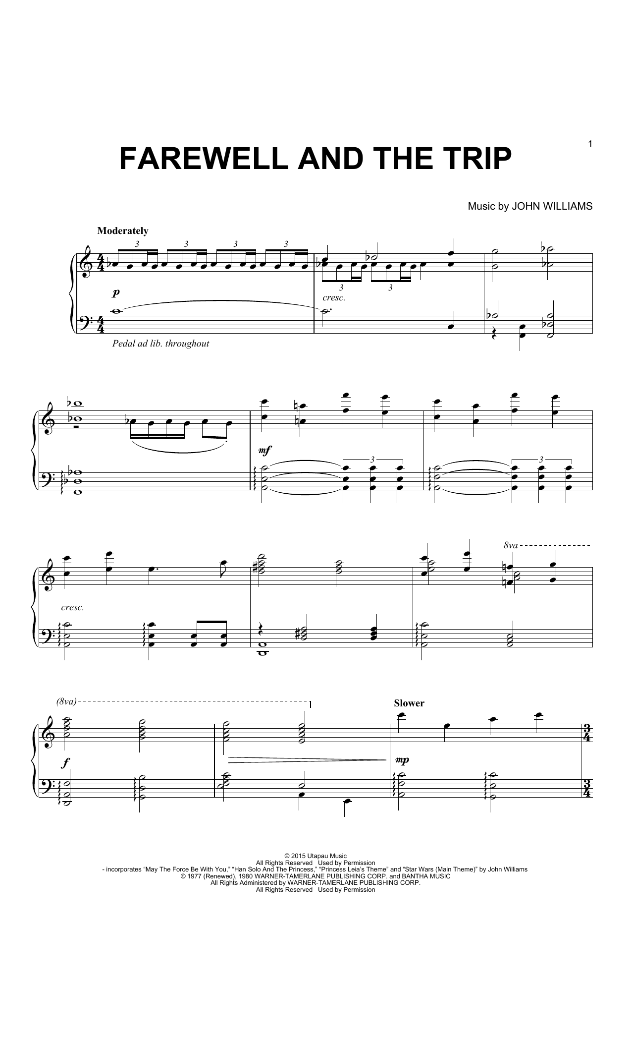 John Williams Farewell And The Trip sheet music notes and chords arranged for Piano Solo