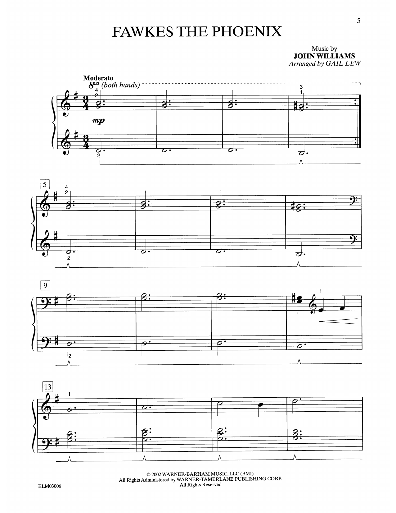 John Williams Fawkes The Phoenix (from Harry Potter) (arr. Gail Lew) sheet music notes and chords arranged for Easy Piano