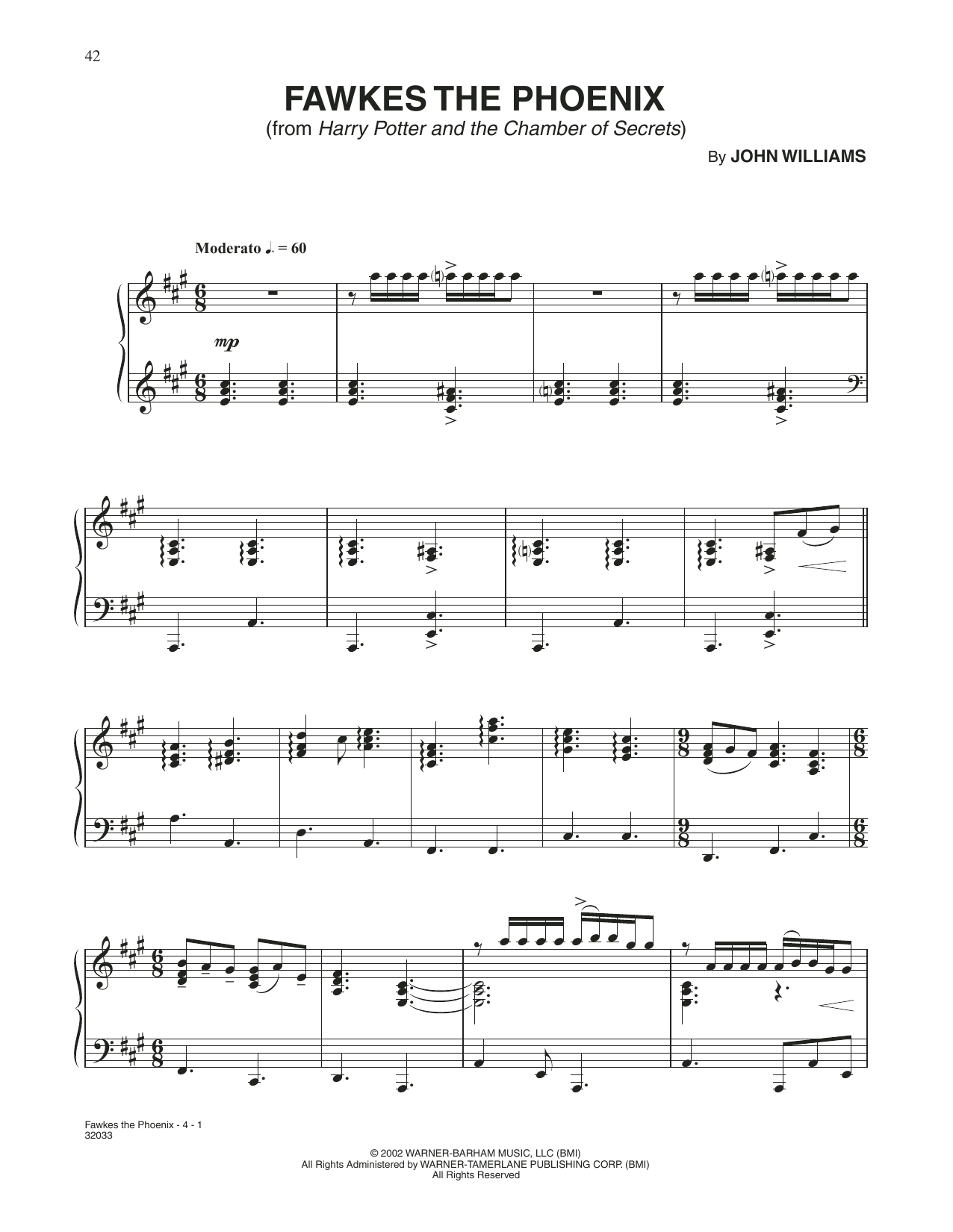 John Williams Fawkes The Phoenix (from Harry Potter) sheet music notes and chords arranged for Piano Solo