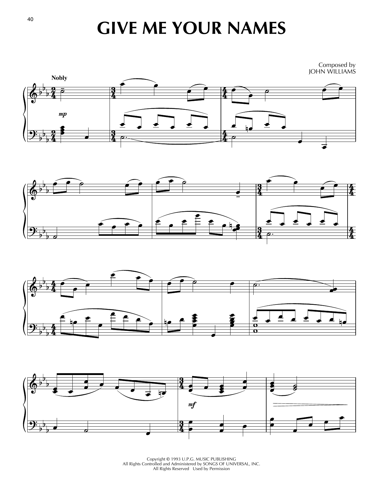 John Williams Give Me Your Names (from Schindler's List) sheet music notes and chords arranged for Piano Solo