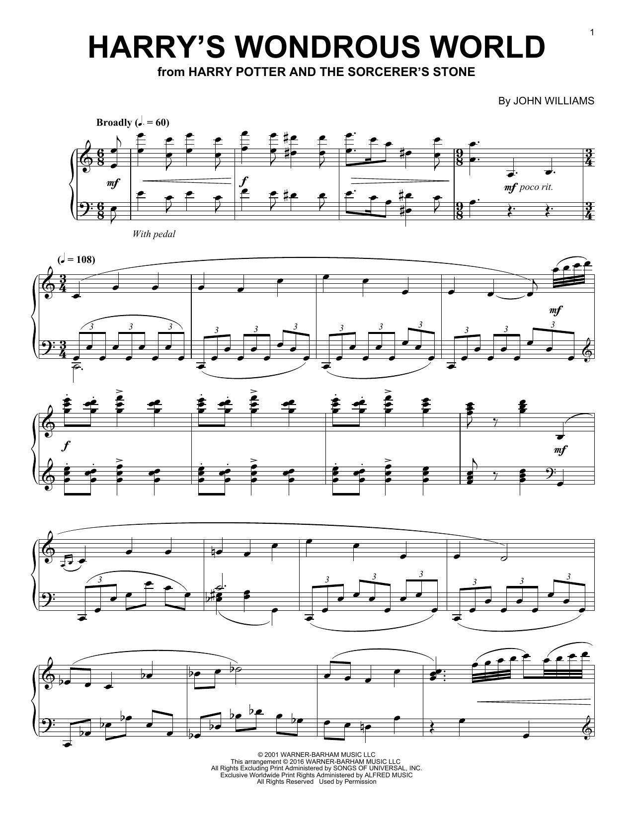 John Williams Harry's Wondrous World (from Harry Potter And The Sorcerer's Stone) sheet music notes and chords arranged for Piano Solo