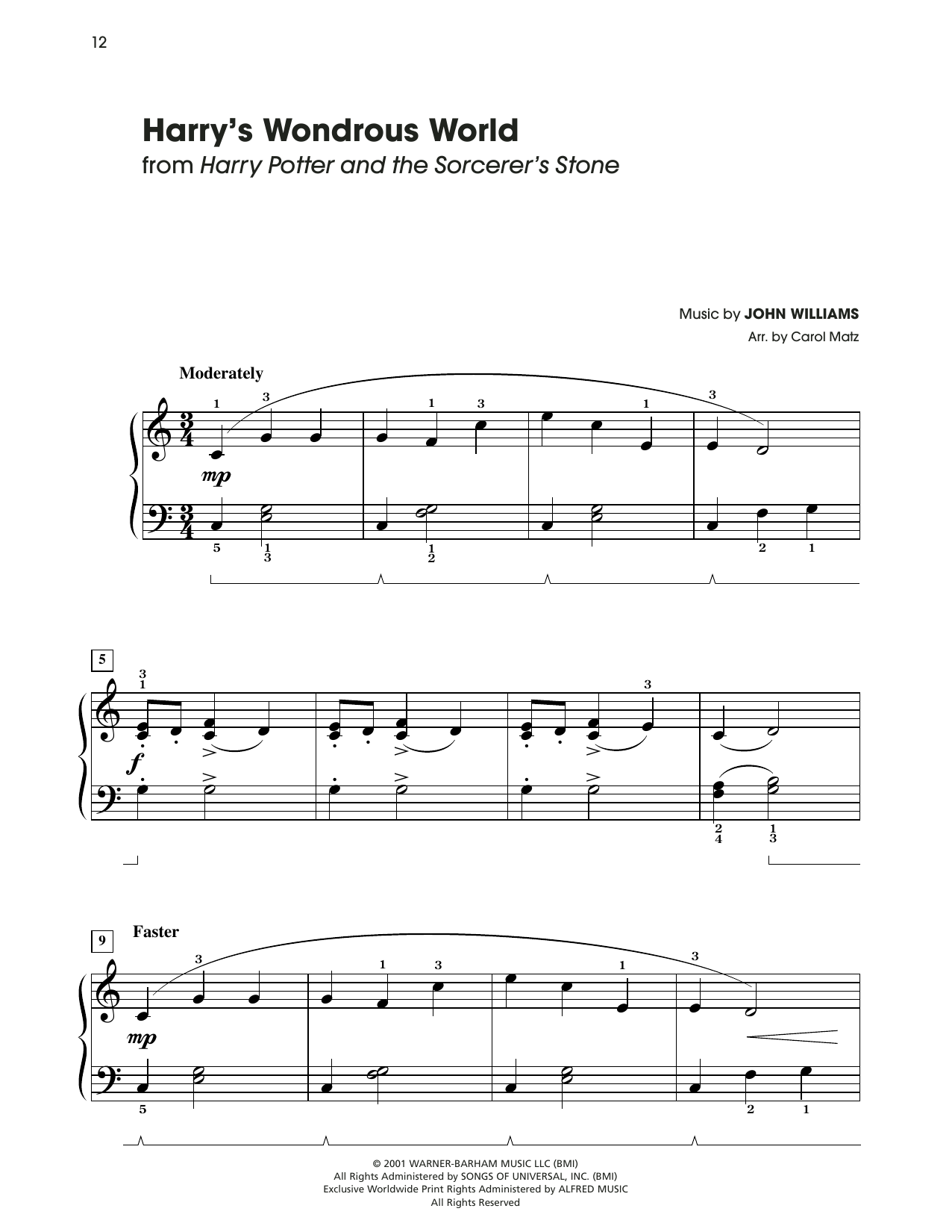 John Williams Harry's Wondrous World (arr. Carol Matz) sheet music notes and chords arranged for Big Note Piano