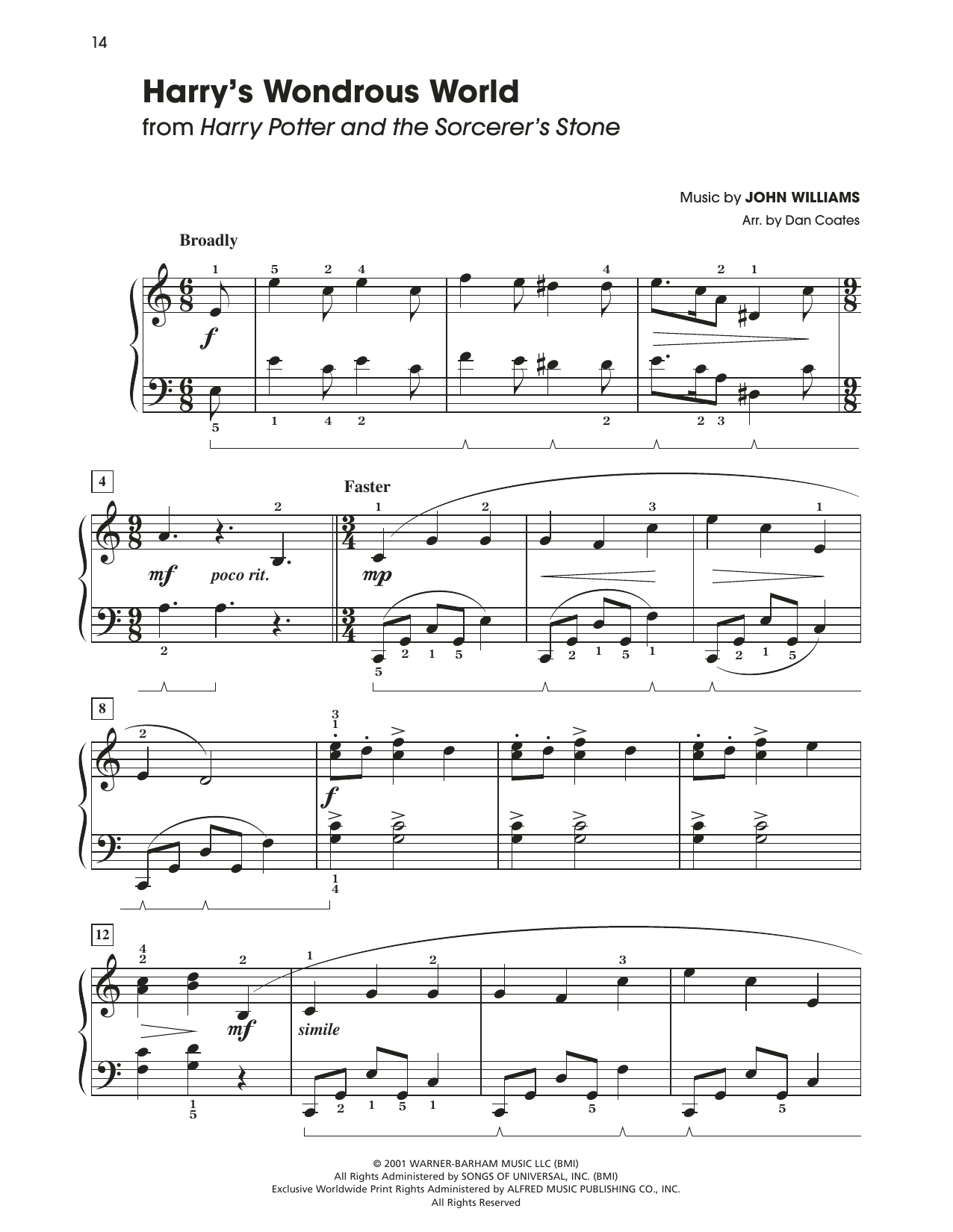 John Williams Harry's Wondrous World (arr. Dan Coates) sheet music notes and chords arranged for Easy Piano