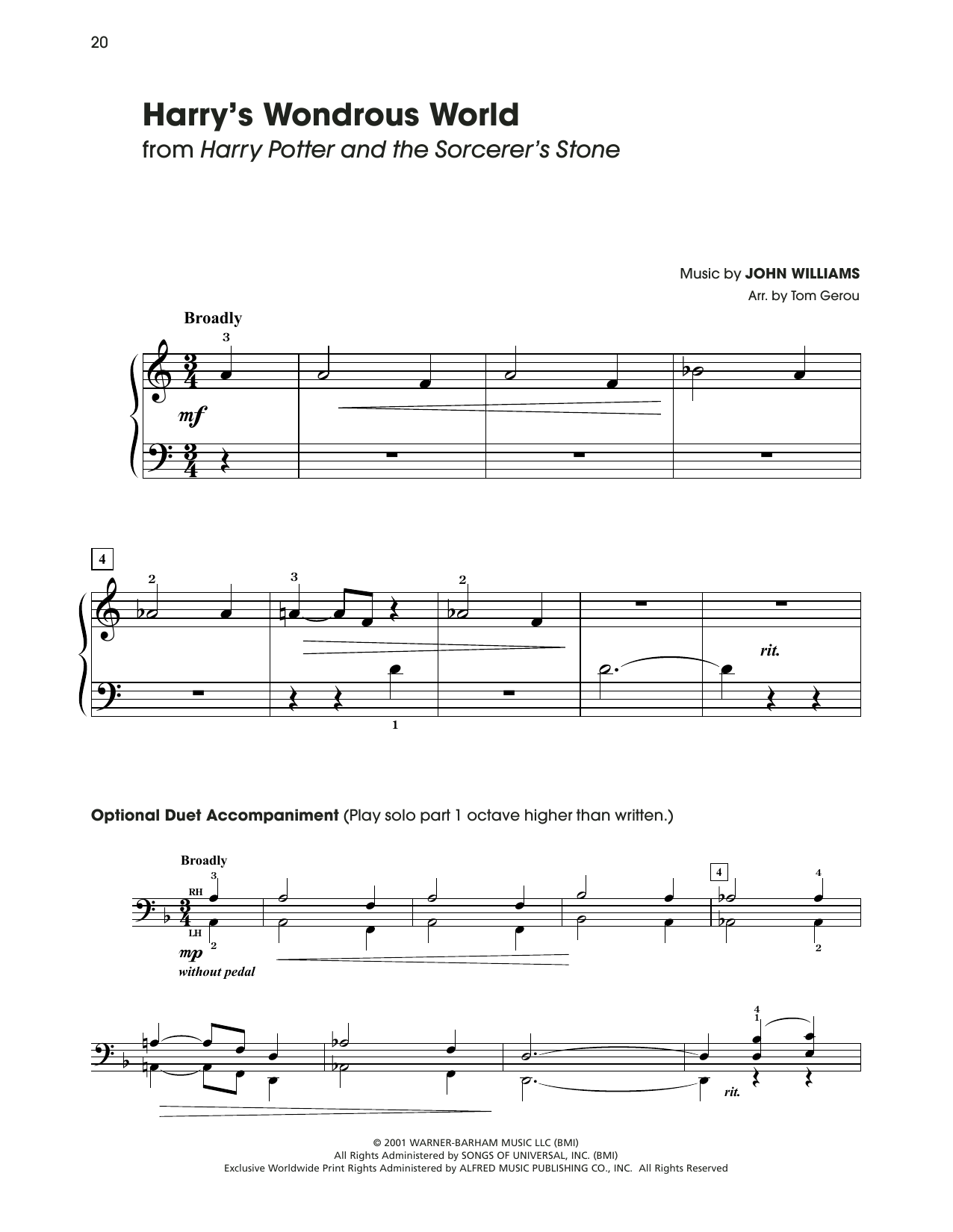 John Williams Harry's Wondrous World (from Harry Potter) (arr. Tom Gerou) sheet music notes and chords arranged for 5-Finger Piano
