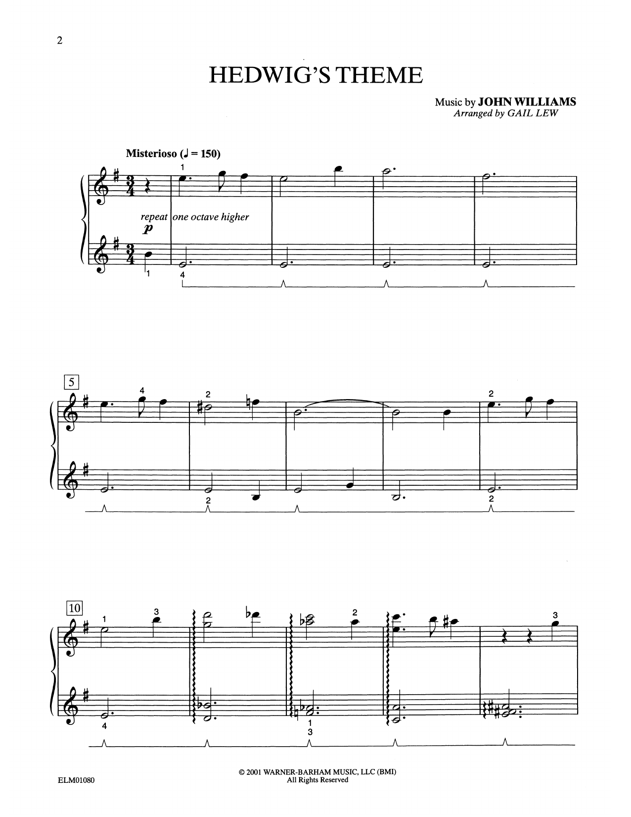 John Williams Hedwig's Theme (from Harry Potter) (arr. Gail Lew) sheet music notes and chords arranged for Easy Piano