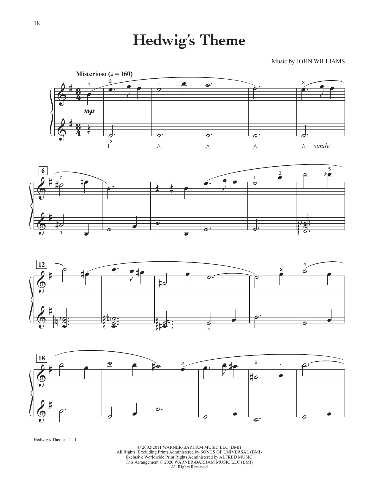 John Williams Hedwig's Theme (from Harry Potter) sheet music notes and chords arranged for Easy Piano