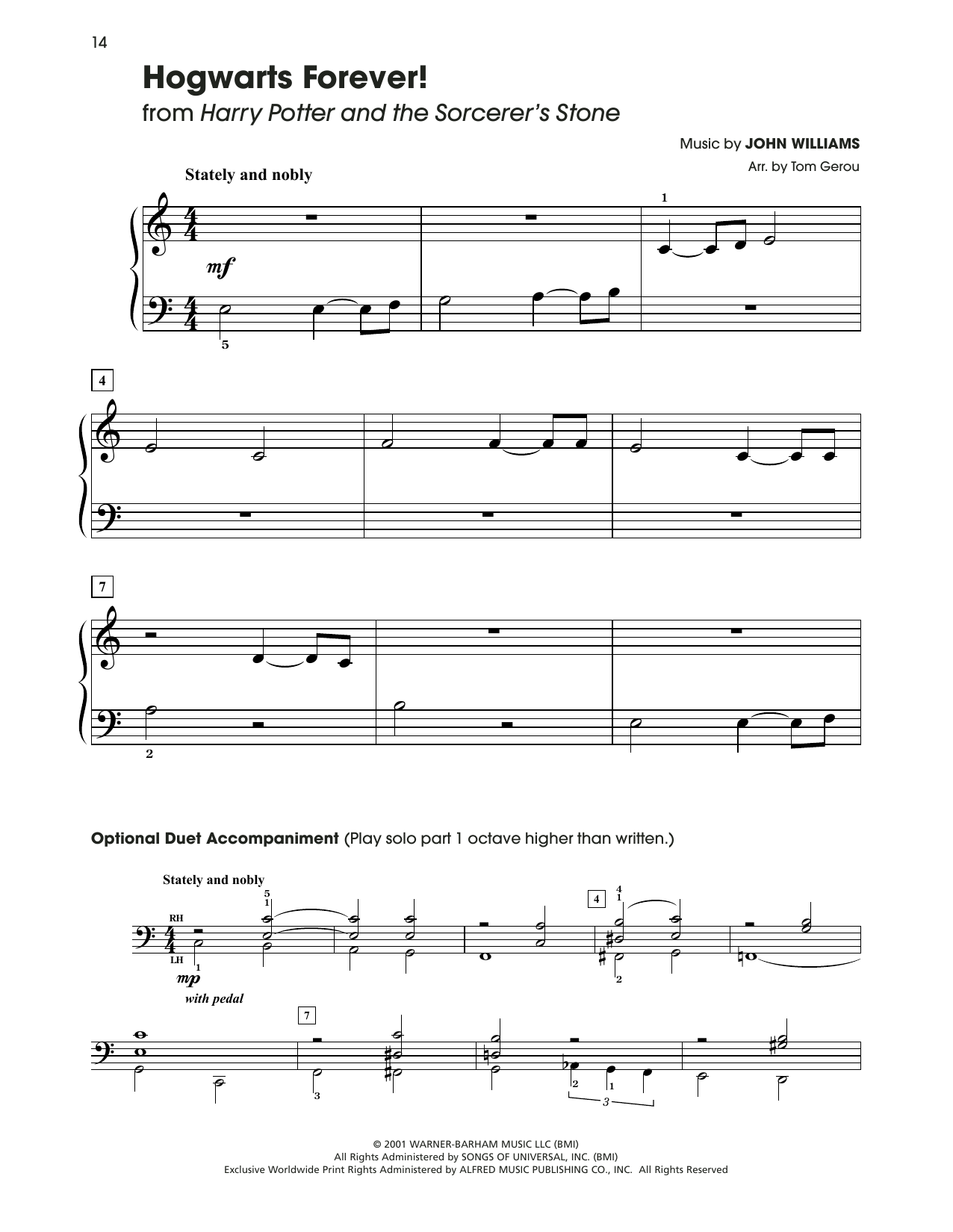John Williams Hogwarts Forever (from Harry Potter) (arr. Tom Gerou) sheet music notes and chords arranged for 5-Finger Piano