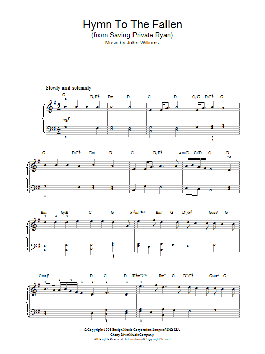 John Williams Hymn To The Fallen (from Saving Private Ryan) sheet music notes and chords arranged for Piano Solo