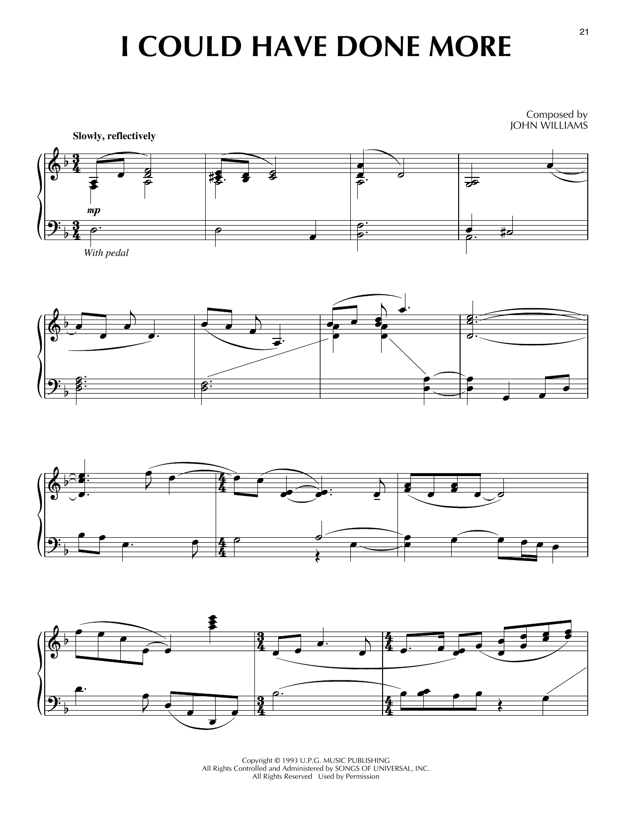 John Williams I Could Have Done More (from Schindler's List) sheet music notes and chords arranged for Piano Solo
