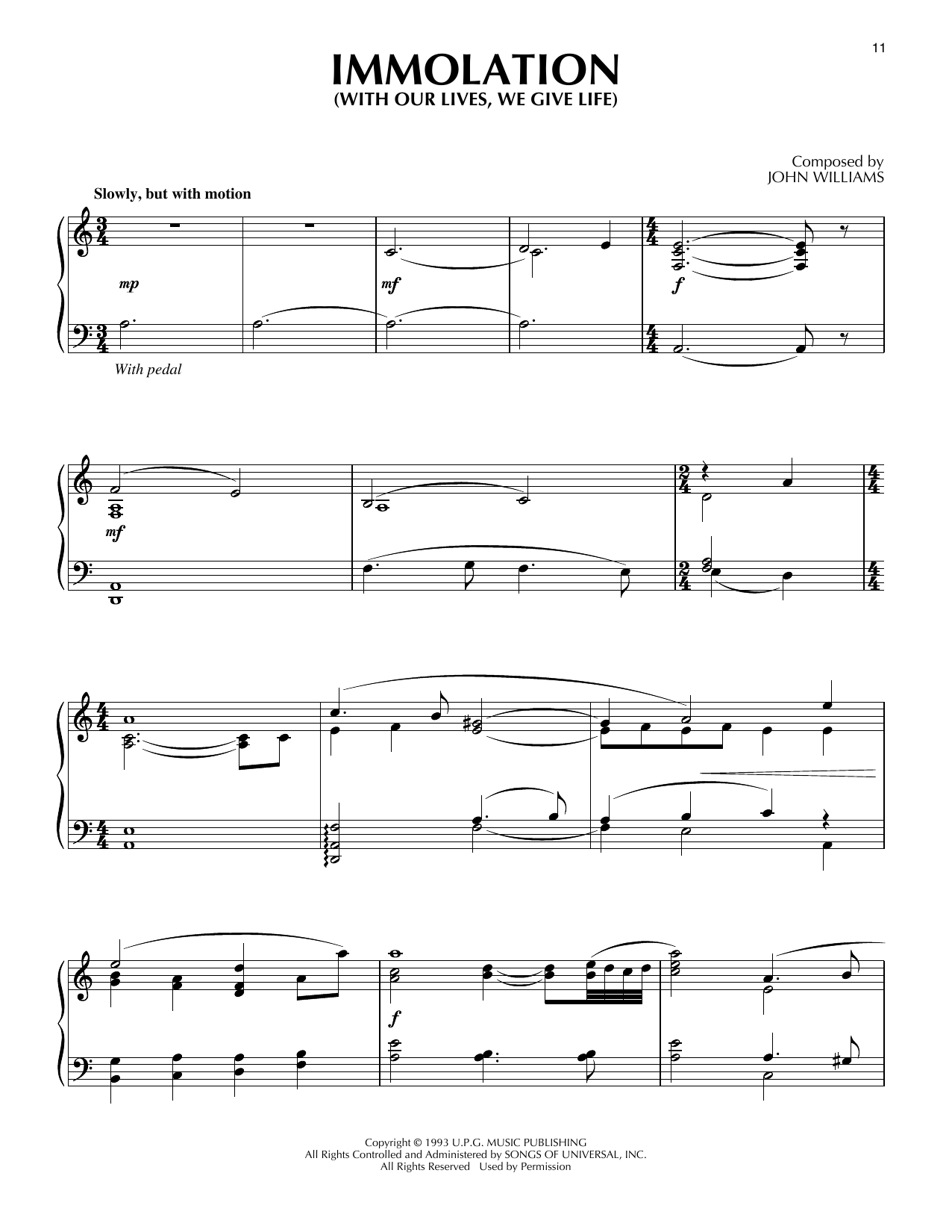 John Williams Immolation (With Our Lives, We Give Life) (from Schindler's List) sheet music notes and chords arranged for Piano Solo