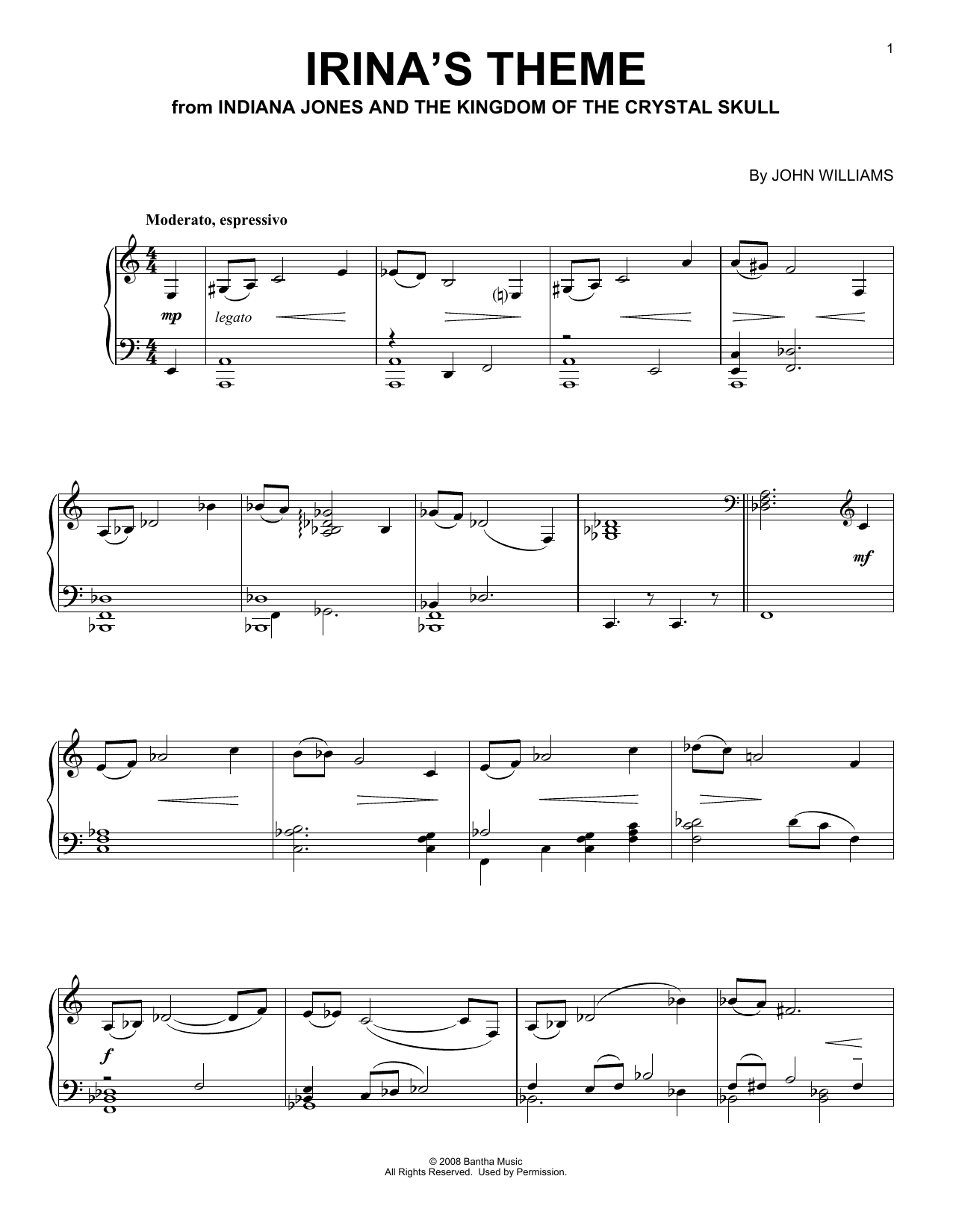 John Williams Irina's Theme (from Indiana Jones - Kingdom of the Crystal Skull) sheet music notes and chords arranged for Piano Solo