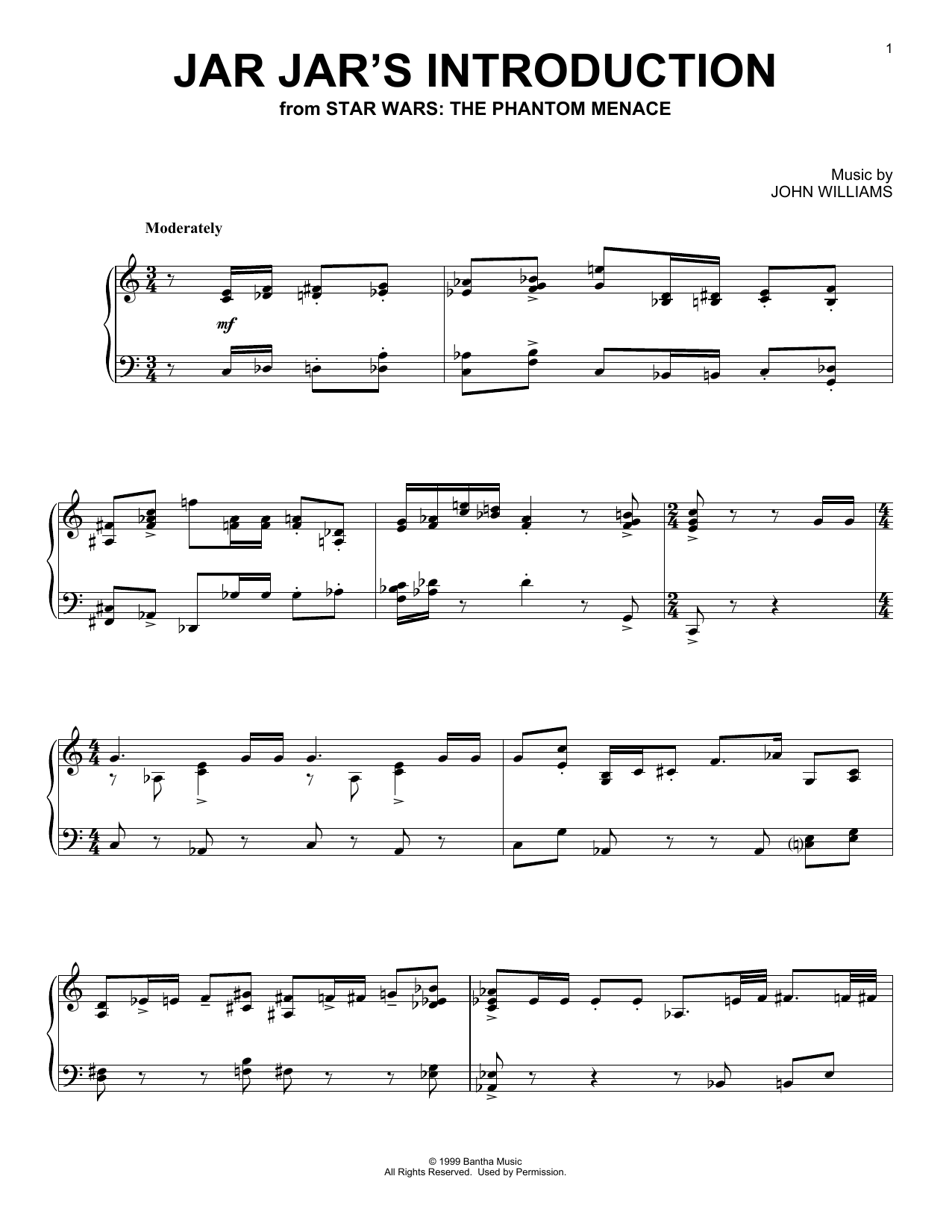 John Williams Jar Jar's Introduction And The Swim To Otoh Gunga (from Star Wars: The Phantom Menace) sheet music notes and chords arranged for Piano Solo