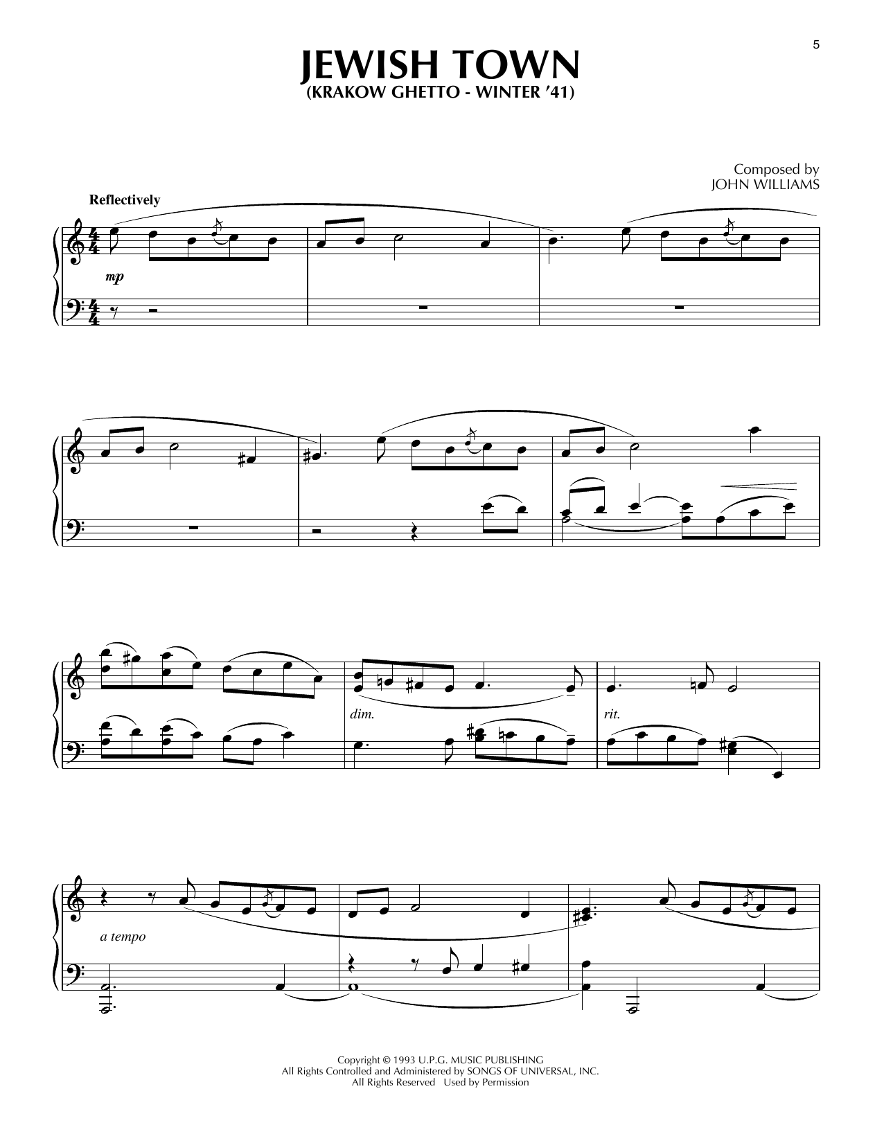 John Williams Jewish Town (Krakow Ghetto - Winter '41) (from Schindler's List) sheet music notes and chords arranged for Piano Solo