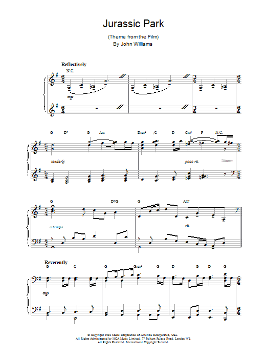 John Williams Jurassic Park sheet music notes and chords arranged for Piano Solo