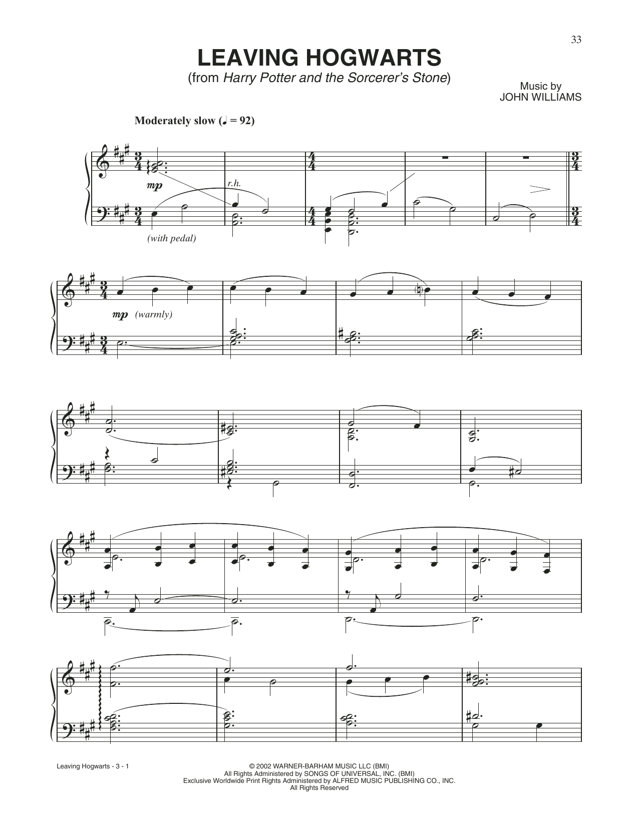 John Williams Leaving Hogwarts (from Harry Potter) sheet music notes and chords arranged for Piano Solo