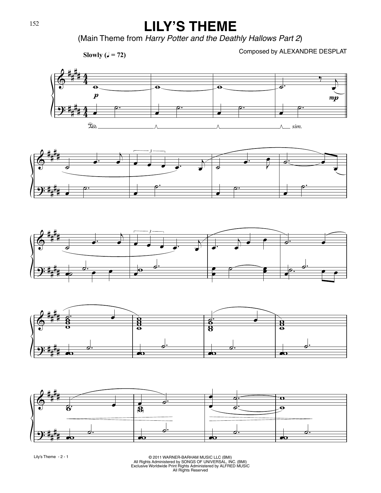 John Williams Lily's Theme (from Harry Potter and the Deathly Hallows, Pt. 2) sheet music notes and chords arranged for Piano Solo