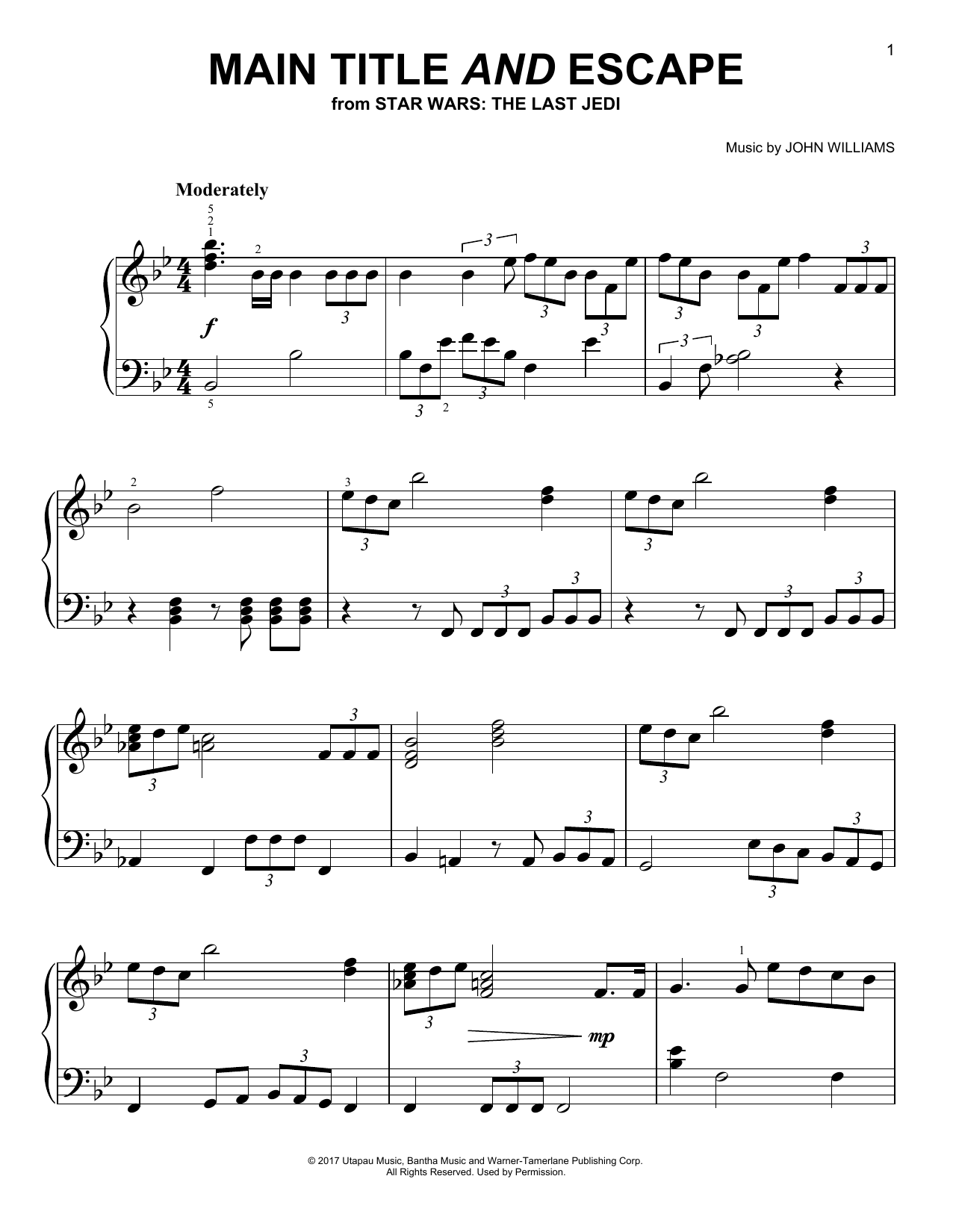 John Williams Main Title And Escape sheet music notes and chords arranged for Piano Solo