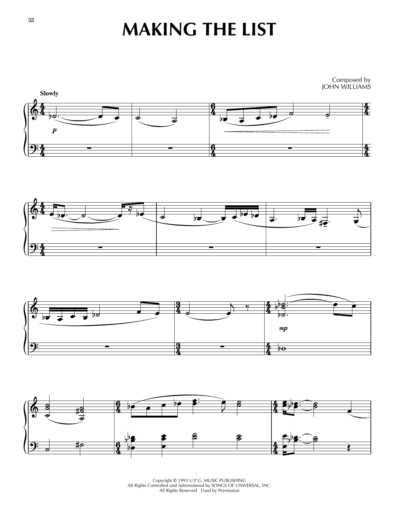 John Williams Making The List (from Schindler's List) sheet music notes and chords arranged for Piano Solo