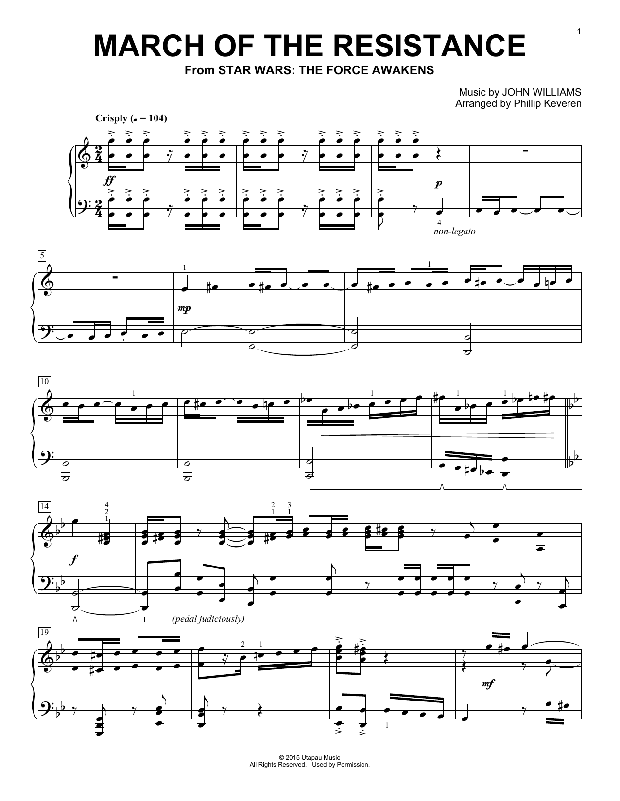 John Williams March Of The Resistance (arr. Phillip Keveren) sheet music notes and chords arranged for Piano Solo