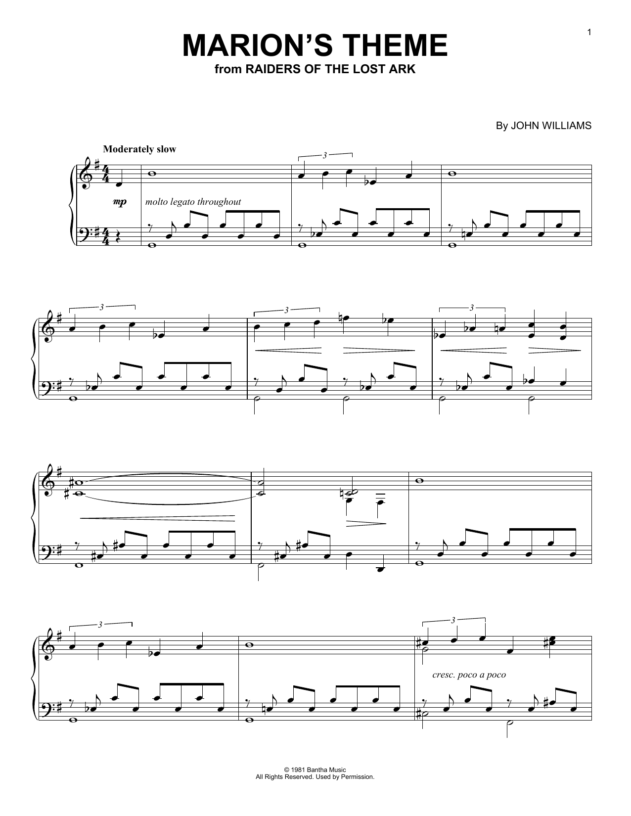 John Williams Marion's Theme (from Raiders Of The Lost Ark) sheet music notes and chords arranged for Piano Solo
