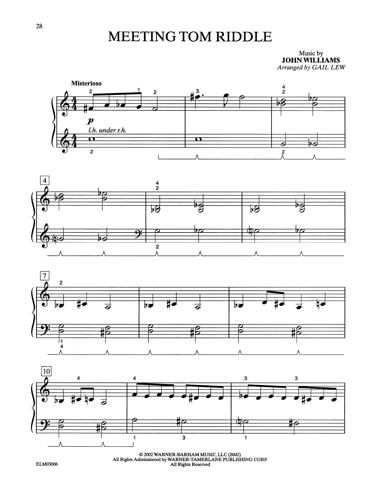 John Williams Meeting Tom Riddle (from Harry Potter) (arr. Gail Lew) sheet music notes and chords arranged for Easy Piano