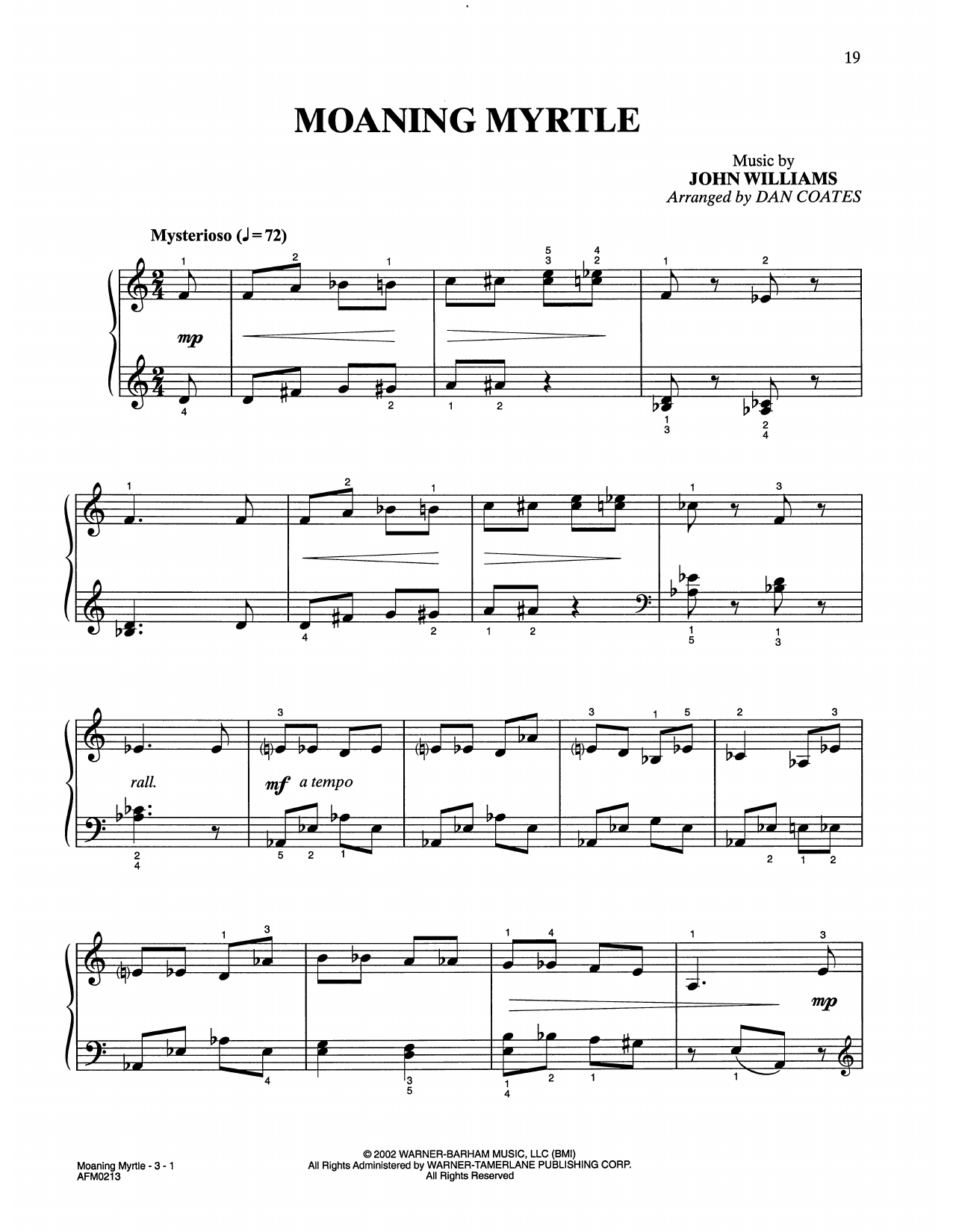 John Williams Moaning Myrtle (from Harry Potter) (arr. Dan Coates) sheet music notes and chords arranged for Easy Piano