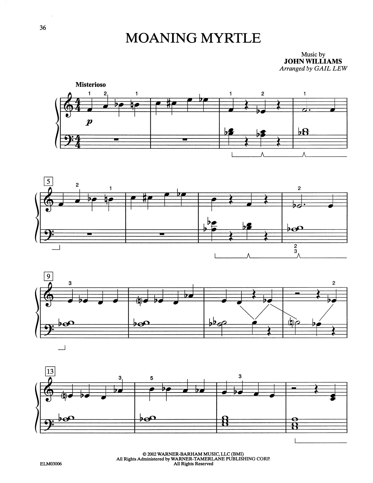 John Williams Moaning Myrtle (from Harry Potter) (arr. Gail Lewis) sheet music notes and chords arranged for Easy Piano