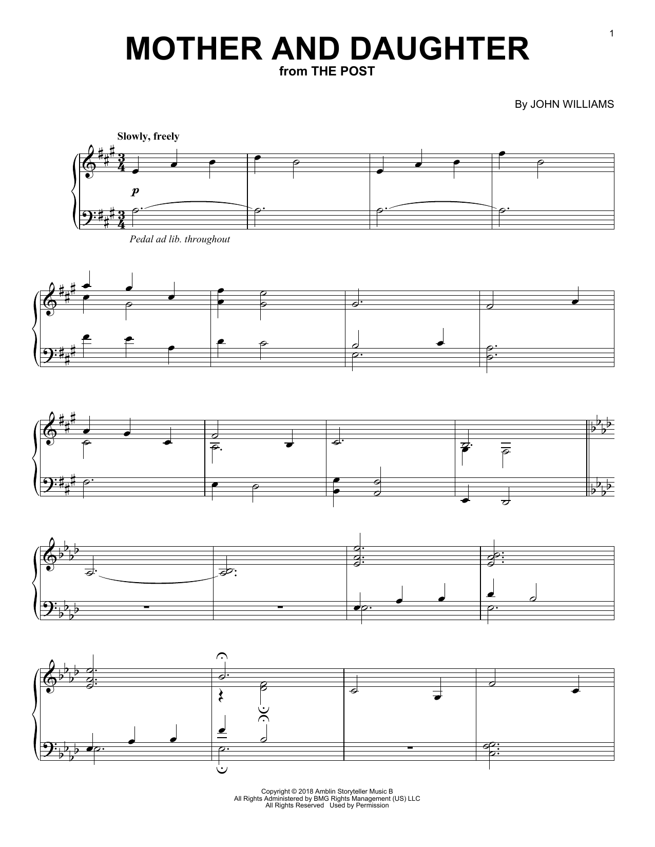 John Williams Mother And Daughter sheet music notes and chords arranged for Piano Solo