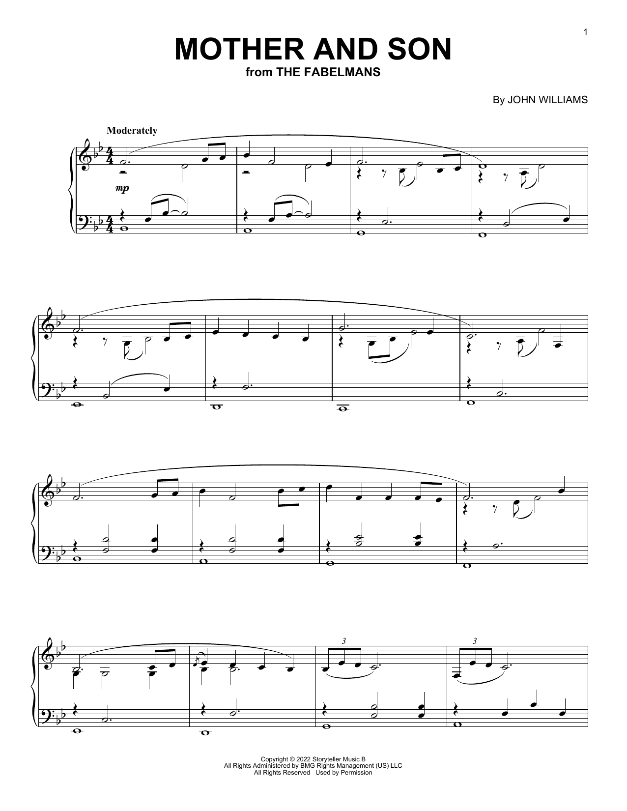 John Williams Mother And Son (from The Fabelmans) sheet music notes and chords arranged for Piano Solo