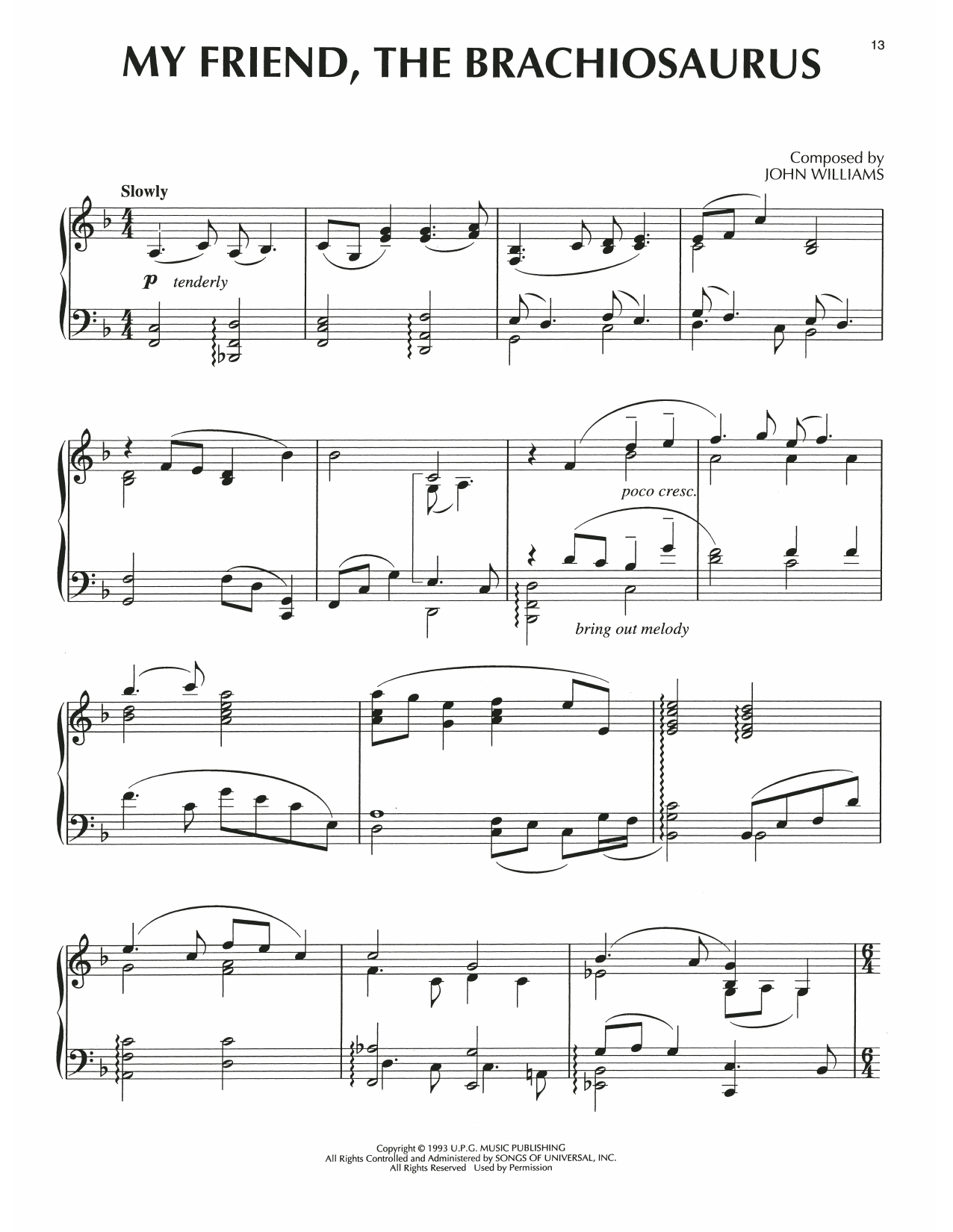 John Williams My Friend, The Brachiosaurus (from Jurassic Park) sheet music notes and chords arranged for Piano Solo