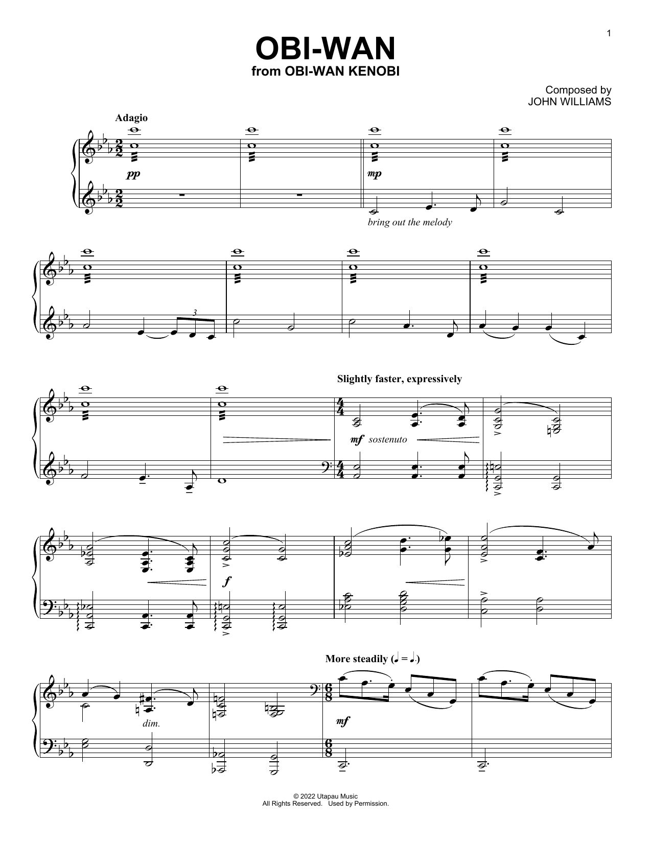 John Williams Obi-Wan (from Obi-Wan Kenobi) sheet music notes and chords arranged for Easy Piano