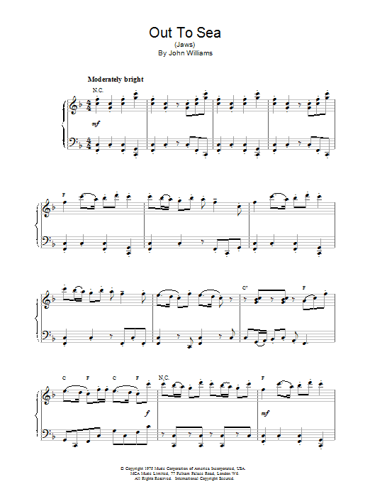 John Williams Out To Sea - From Jaws sheet music notes and chords arranged for Piano Solo