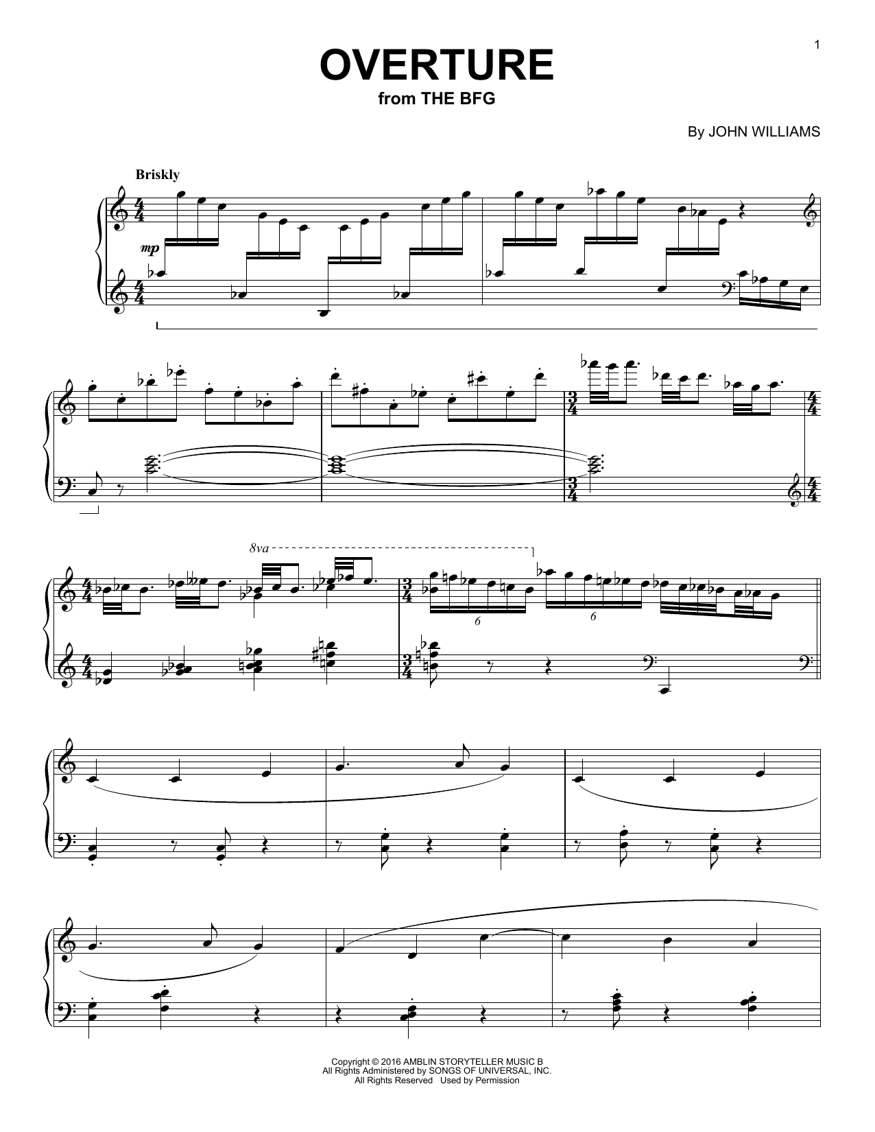 John Williams Overture (from The BFG) sheet music notes and chords arranged for Piano Solo