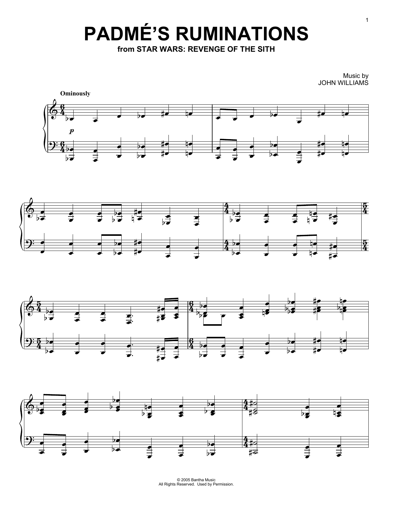 John Williams Padme's Ruminations (from Star Wars: Revenge Of The Sith) sheet music notes and chords arranged for Piano Solo