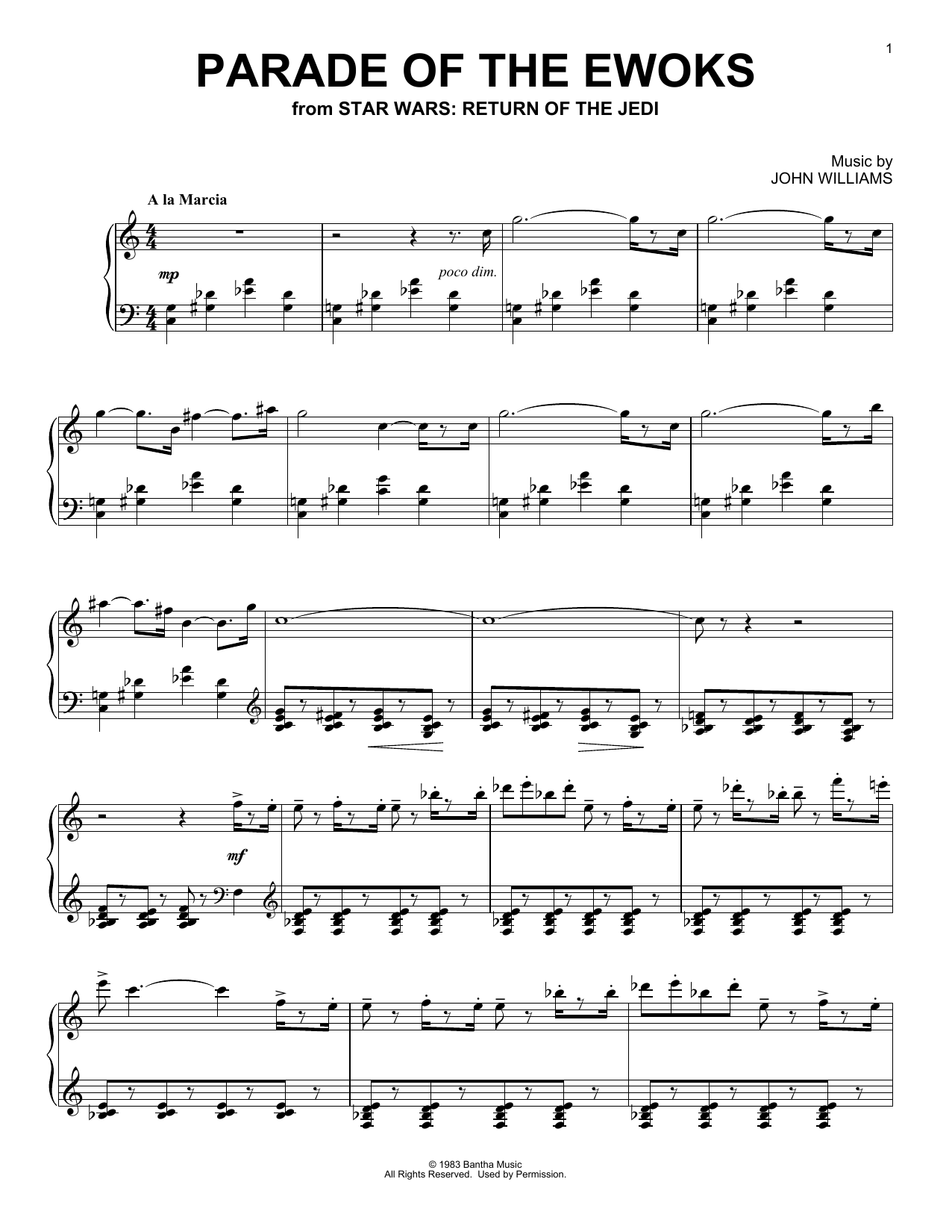 John Williams Parade Of The Ewoks (from Star Wars: Return Of The Jedi) sheet music notes and chords arranged for Piano Solo
