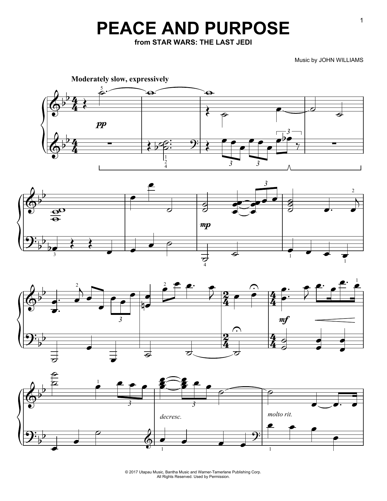John Williams Peace And Purpose sheet music notes and chords arranged for Easy Piano