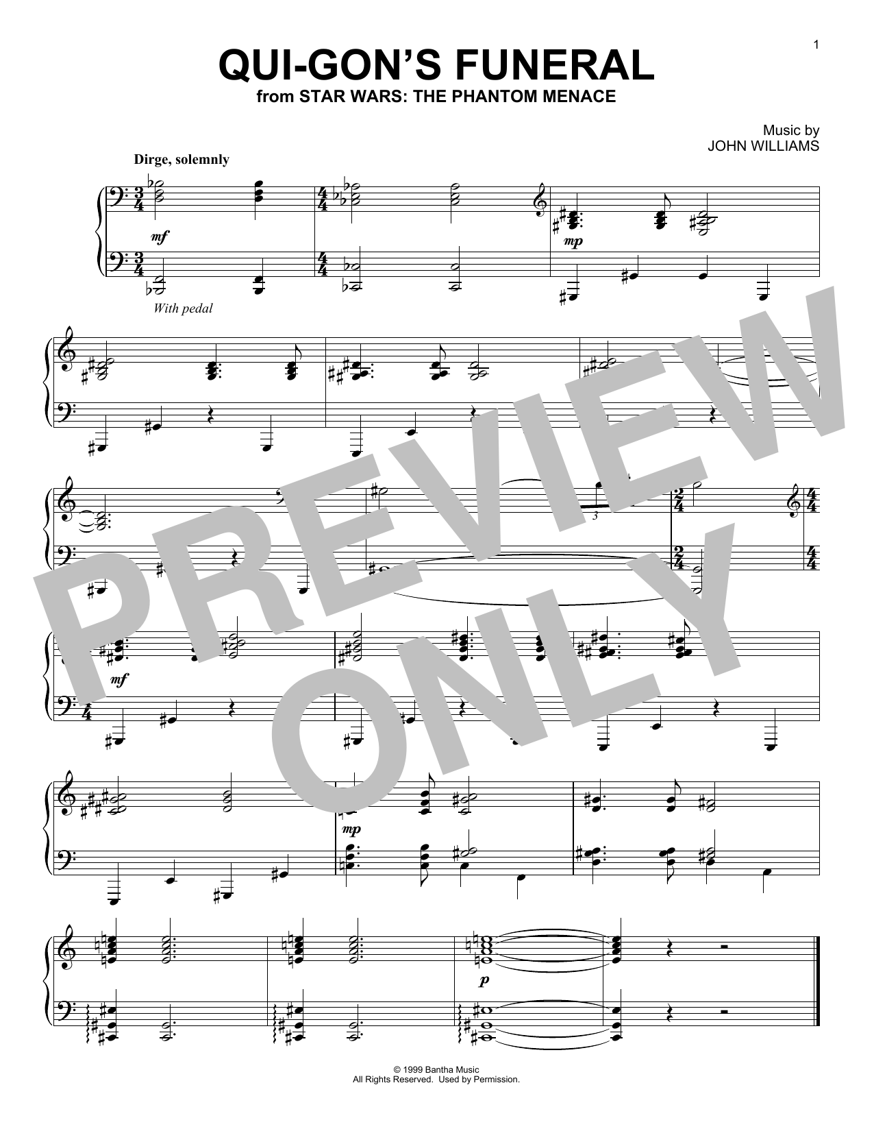 John Williams Qui-Gon's Funeral (from Star Wars: The Phantom Menace) sheet music notes and chords arranged for Piano Solo