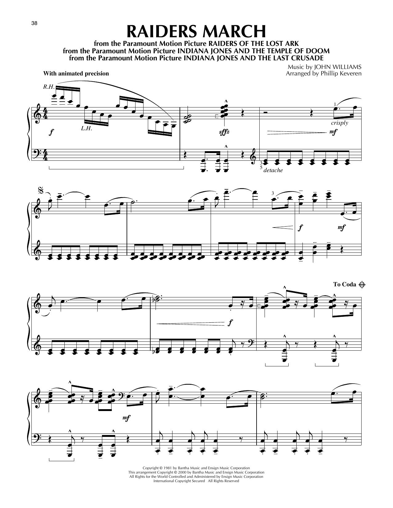 John Williams Raiders March (from Indiana Jones) (arr. Phillip Keveren) sheet music notes and chords arranged for Piano Solo