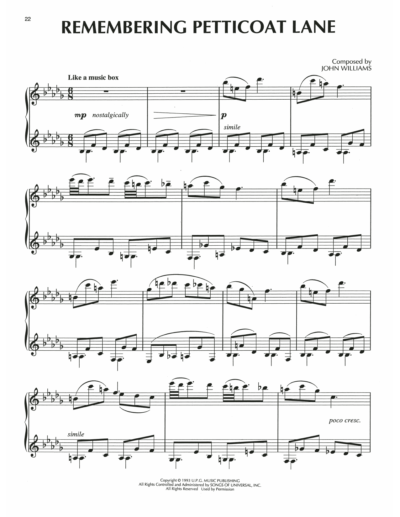 John Williams Remembering Petticoat Lane (from Jurassic Park) sheet music notes and chords arranged for Piano Solo