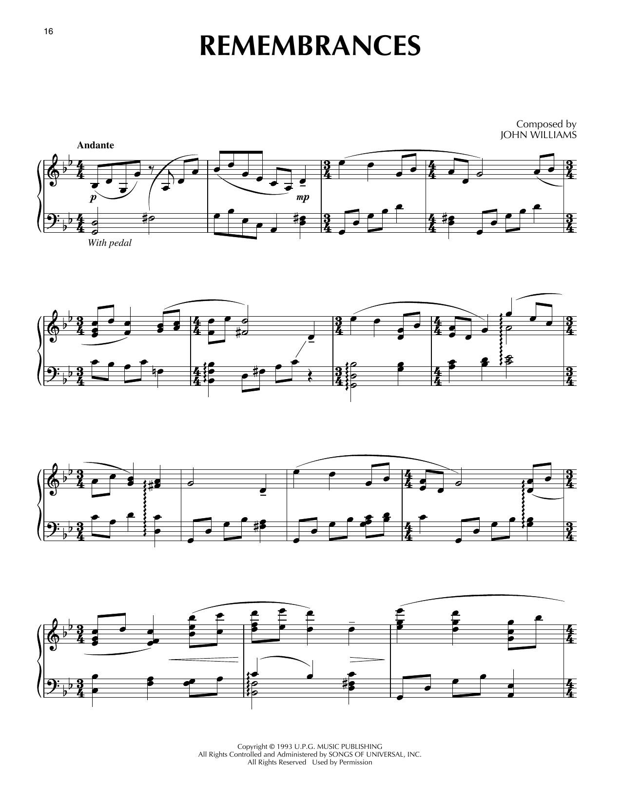 John Williams Remembrances (from Schindler's List) sheet music notes and chords arranged for Piano Solo
