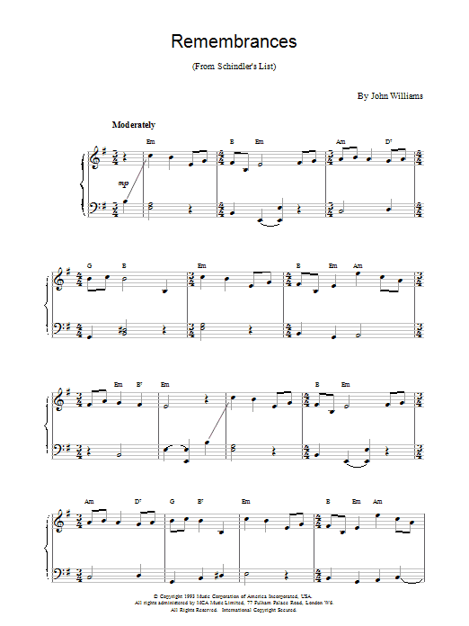 John Williams Remembrances sheet music notes and chords arranged for Piano Solo
