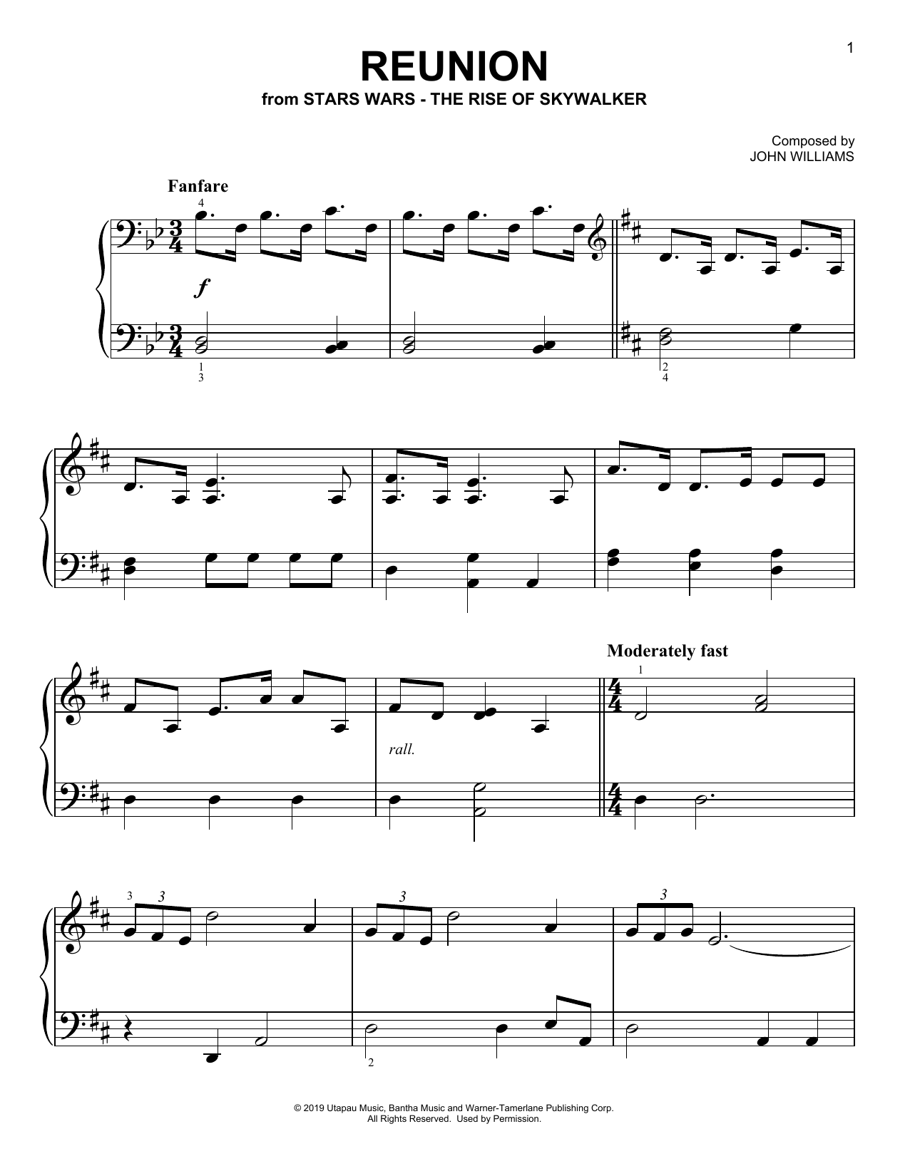 John Williams Reunion (from The Rise Of Skywalker) sheet music notes and chords arranged for Easy Piano