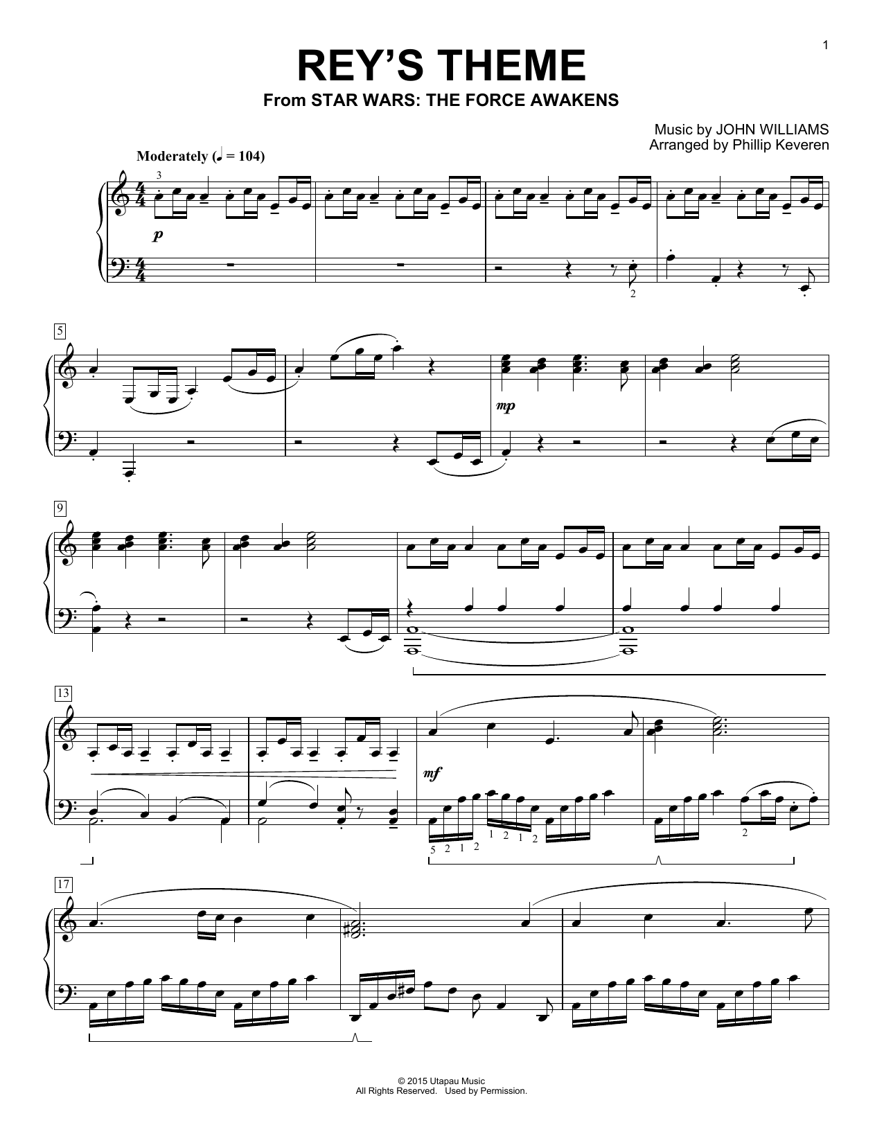 John Williams Rey's Theme (arr. Phillip Keveren) sheet music notes and chords arranged for Piano Solo