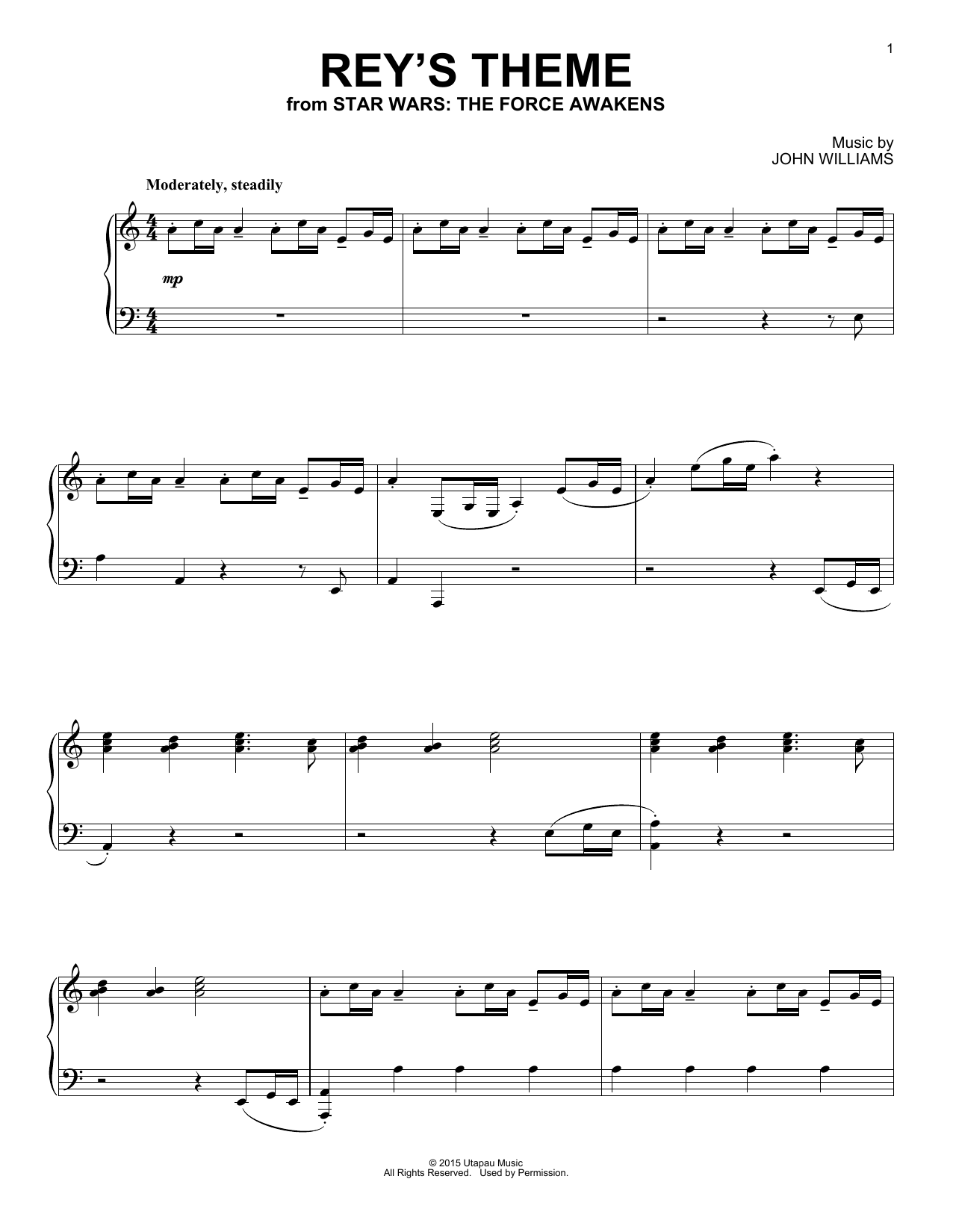 John Williams Rey's Theme sheet music notes and chords arranged for Piano Solo