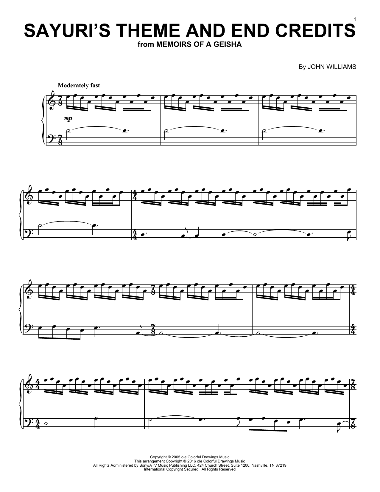 John Williams Sayuri's Theme And End Credits sheet music notes and chords arranged for Piano Solo