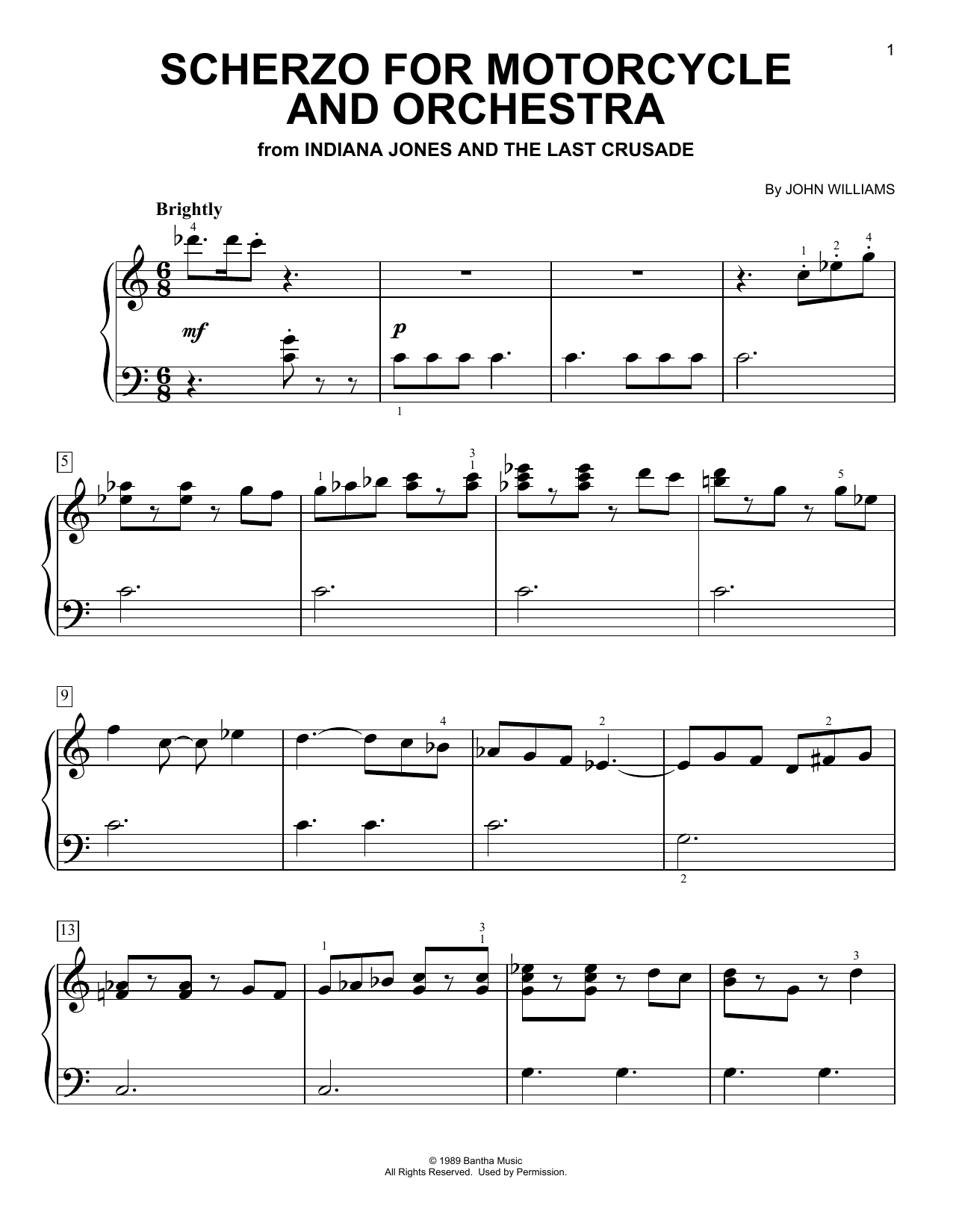 John Williams Scherzo For Motorcycle And Orchestra (from Indiana Jones) sheet music notes and chords arranged for Easy Piano