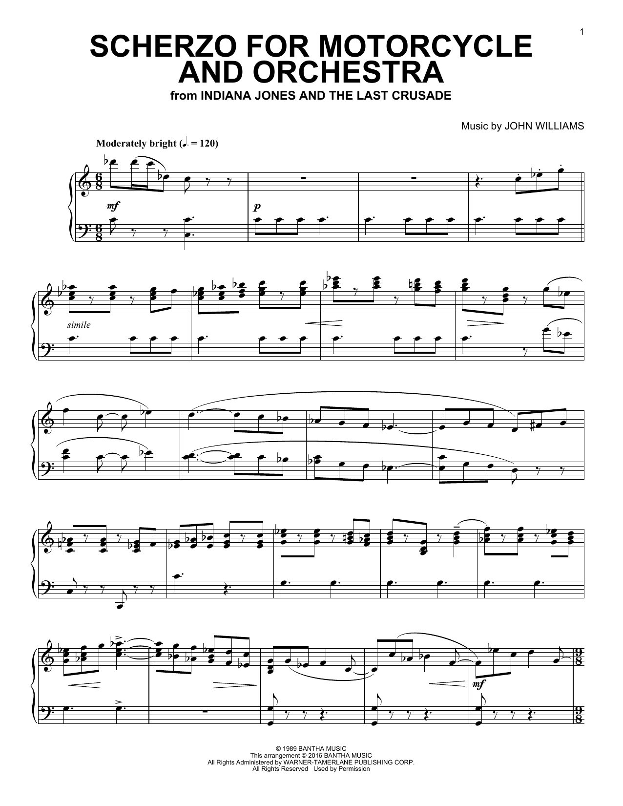 John Williams Scherzo For Motorcycle And Orchestra sheet music notes and chords arranged for Piano Solo